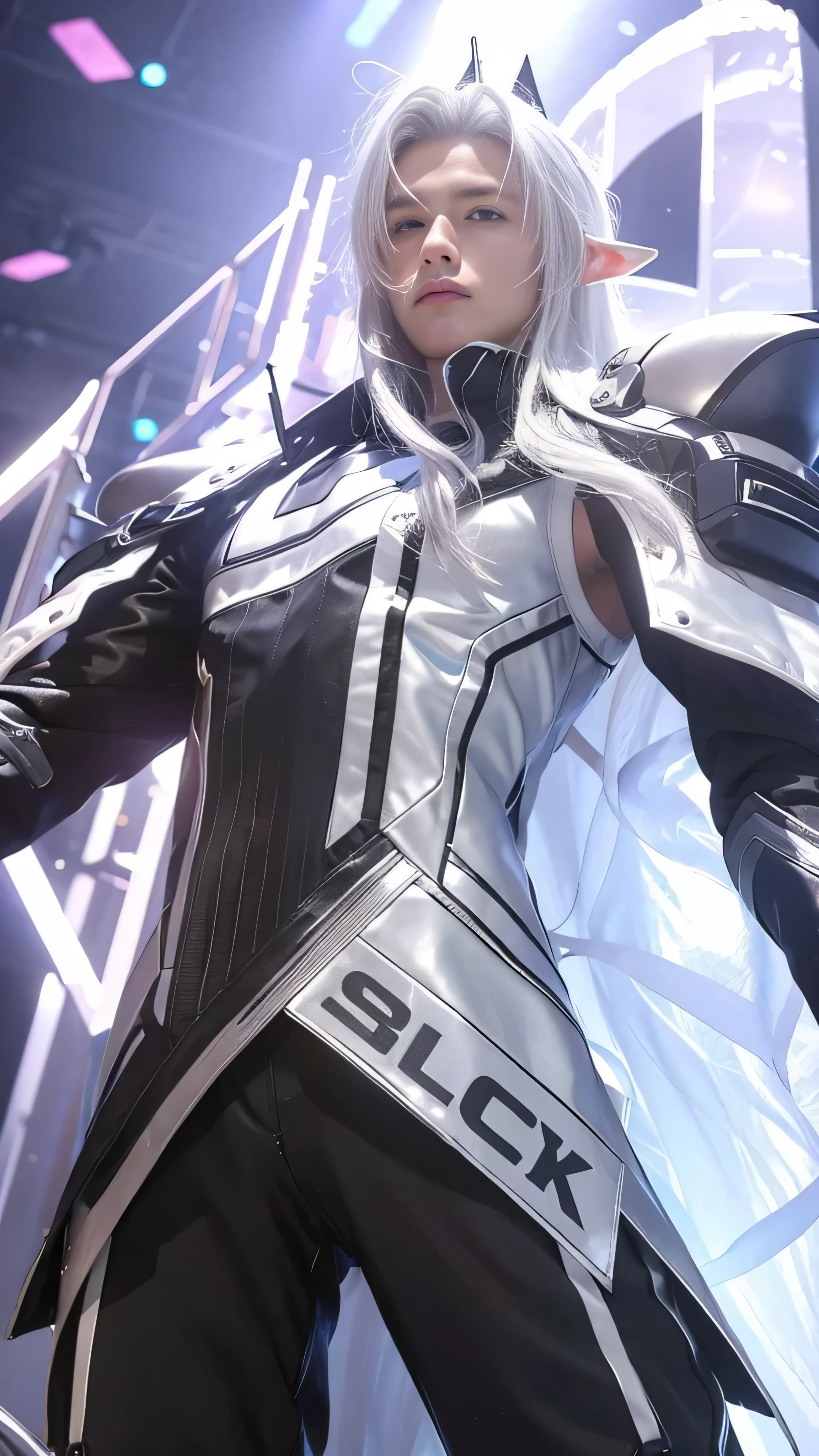 focus of teenage man, 8k, highly detailed, photo realistic, close-up of a man in futuristic clothing, long white hair