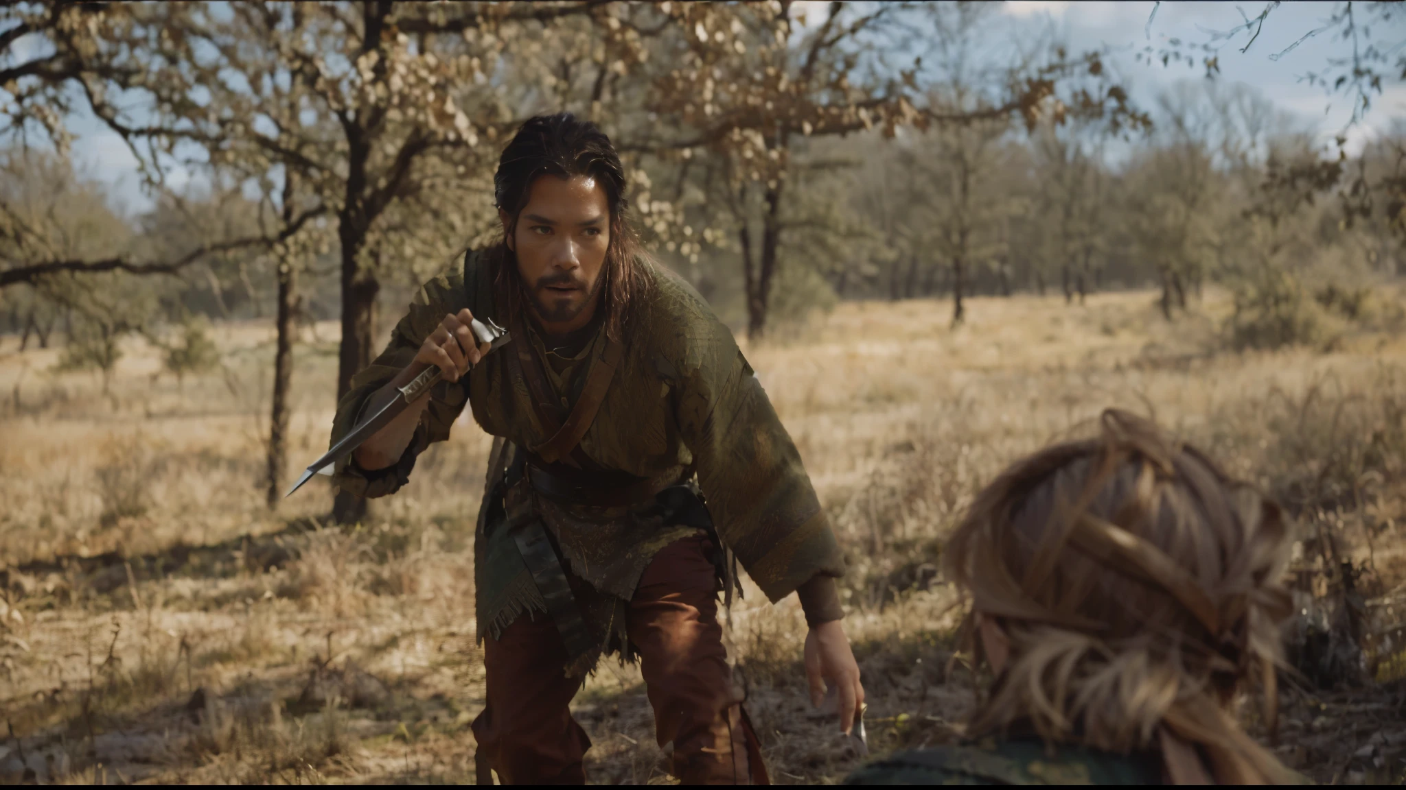 there is a man holding a knife in a field with a woman, still from a fantasy movie, still from a live action movie, scene from live action movie, maximus jacobs, hold sword in the forest, shot from danis villeneuve movie, screenshot from a movie, film still dnd, biblical epic movie, still from the movie, movie screencap