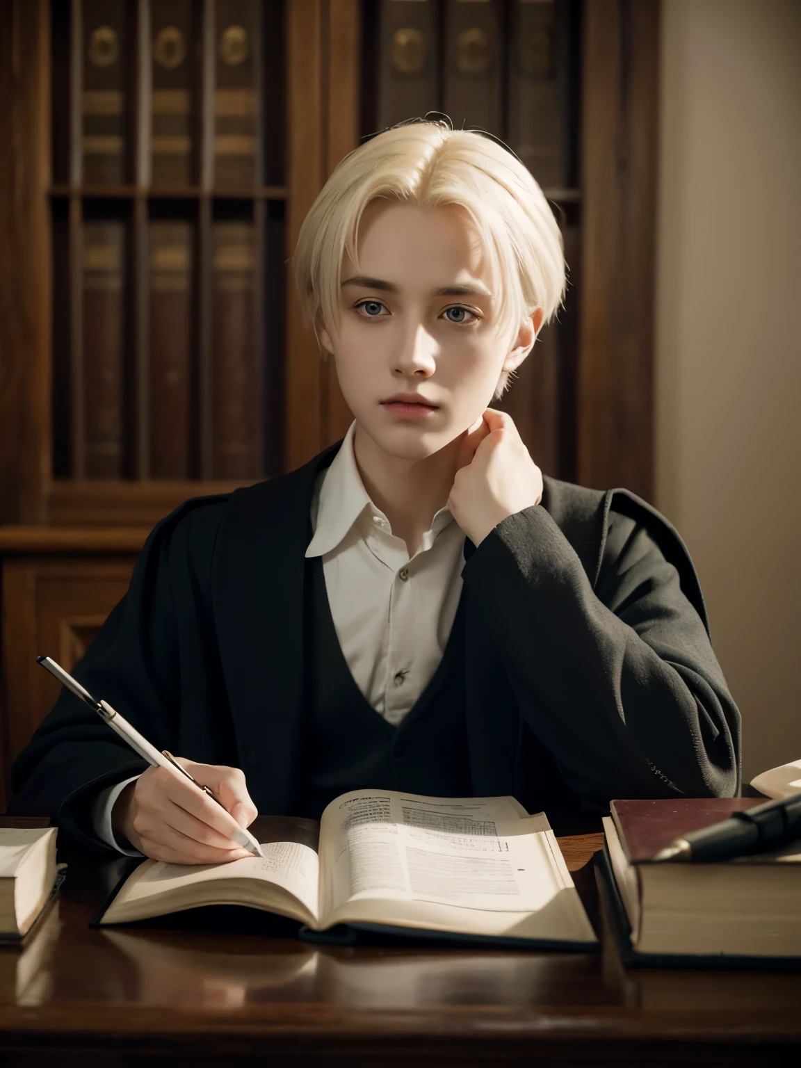 Draco Malfoy taking exams,Very anxious and irritable,Hogwarts,meticulous portrait