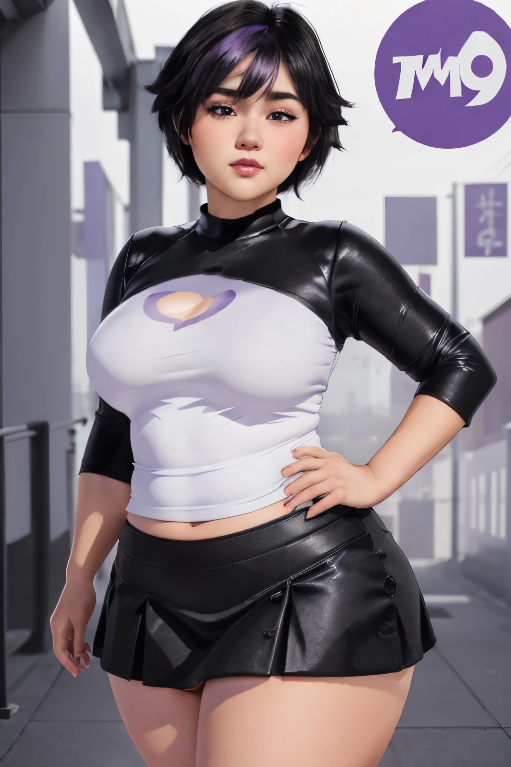 masterpiece, (photorealistic), (8k wallpaper), (best quality), perfect quality, solo, (detailed eyes), girl, Gogo Tomago, part-purple hair, very beautiful, young, pose: (sexy pose, shy), (got very chubby), face : (young, ((blushed)), perfect face, thin face, detailed face, (simmetric face), very beautiful face, asian, Japanese, very beautiful, small smile, cute face, young, big eyes), figure: ( very full body, very full figure, ((huge breasts)), very curvy, very thicc, ((very chubby)), very chubby belly, belly bulge, muffin top, love handles, very thick, ((wide waist)), ((big deep navel)), very soft, very curvy, wide hips, sexy curves, (sexy), fat ass, very thick thighs, thunder thighs) , clothes : (tight black miniskirt, tight shirt, tight uniform)