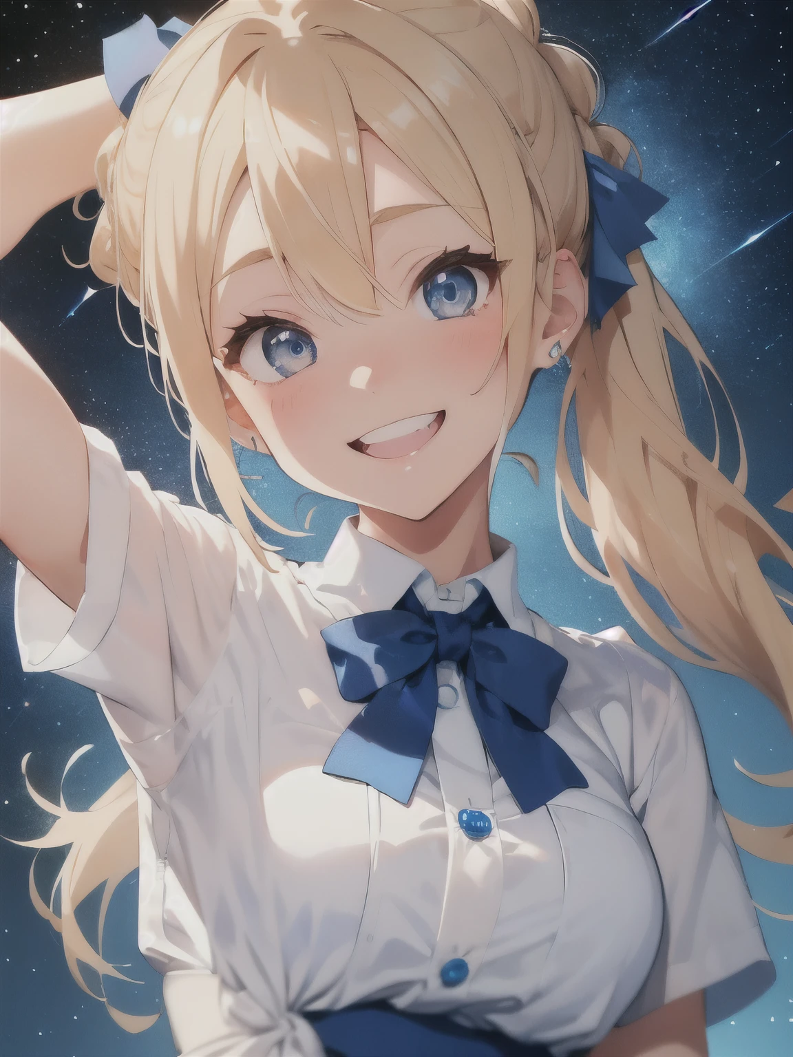 Blonde hair,((tied on one side of the head:1.3)),hanging down loosely with a large blue ribbon at the knot. A faint stardust effect emanating from the hair. A tsundere personality with a confident and bold expression. Eyes like shining jewels, blue in color. Slightly gal-style, an American girl,((big smile:1.3))