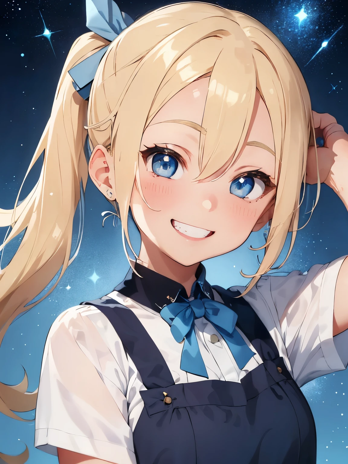 Blonde hair,((tied on one side of the head:1.3)),hanging down loosely with a large blue ribbon at the knot. A faint stardust effect emanating from the hair. A tsundere personality with a confident and bold expression. Eyes like shining jewels, blue in color. Slightly gal-style, an American girl,((big smile:1.3))