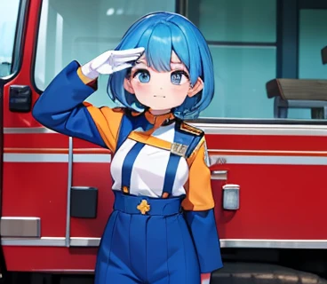 blue hair , small tit , arafed woman in blue and orange uniform saluting for a fire truck,