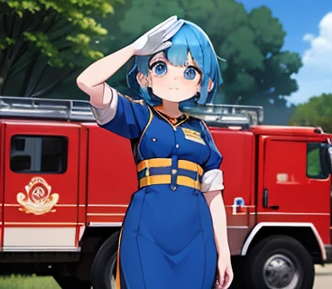 blue hair , small tit , arafed woman in blue and orange uniform saluting for a fire truck, 