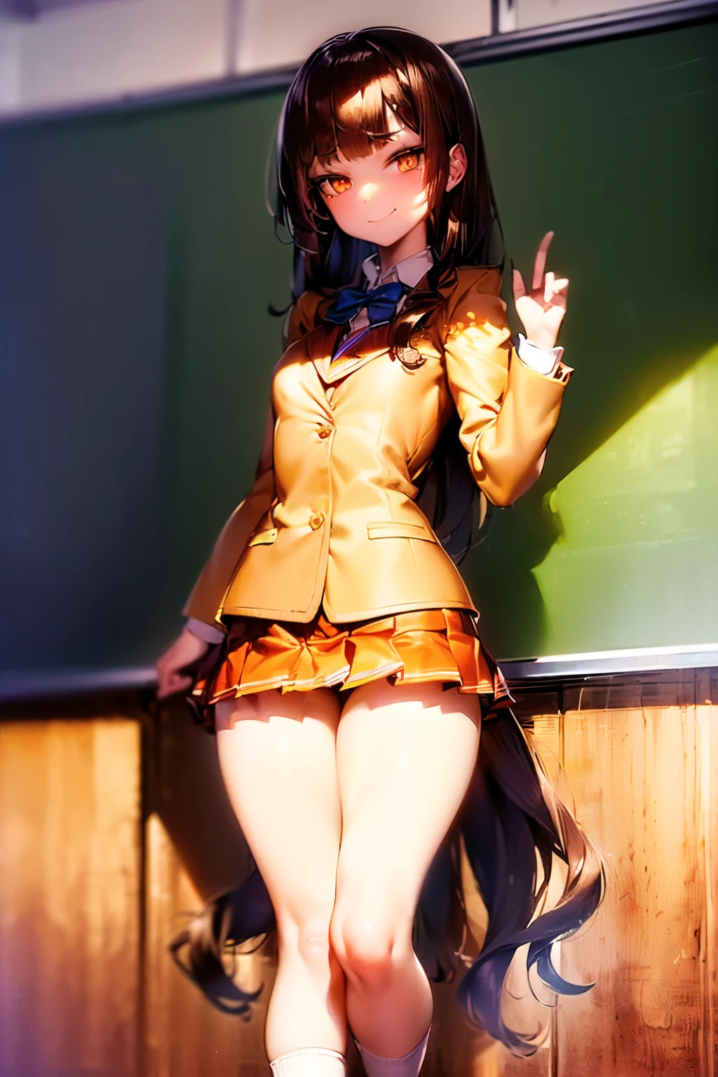 (((1girl))), ((best quality)), (((masterpiece))), ((ultra-detailed)), (illustration), (detailed light), (an extremely delicate and beautiful), (beautiful detailed eyes), (sunlight), ((extremely light)),
((((school blazer and a brief pleated skirt)))),
school girl,
wavy medium hair, (((dark brown hair))), (((long hair))),
(((deep orange eyes))),
((whole body)), ,
diamond, beautiful, ((extra elegant)), (((condescending expression))), (sexually mischievous smile), (((extra adorable))), (((extra slender shape))),
(((standing in the classroom))),
(((extraordinarily thin thighs))),
(((mat white ankle socks))),