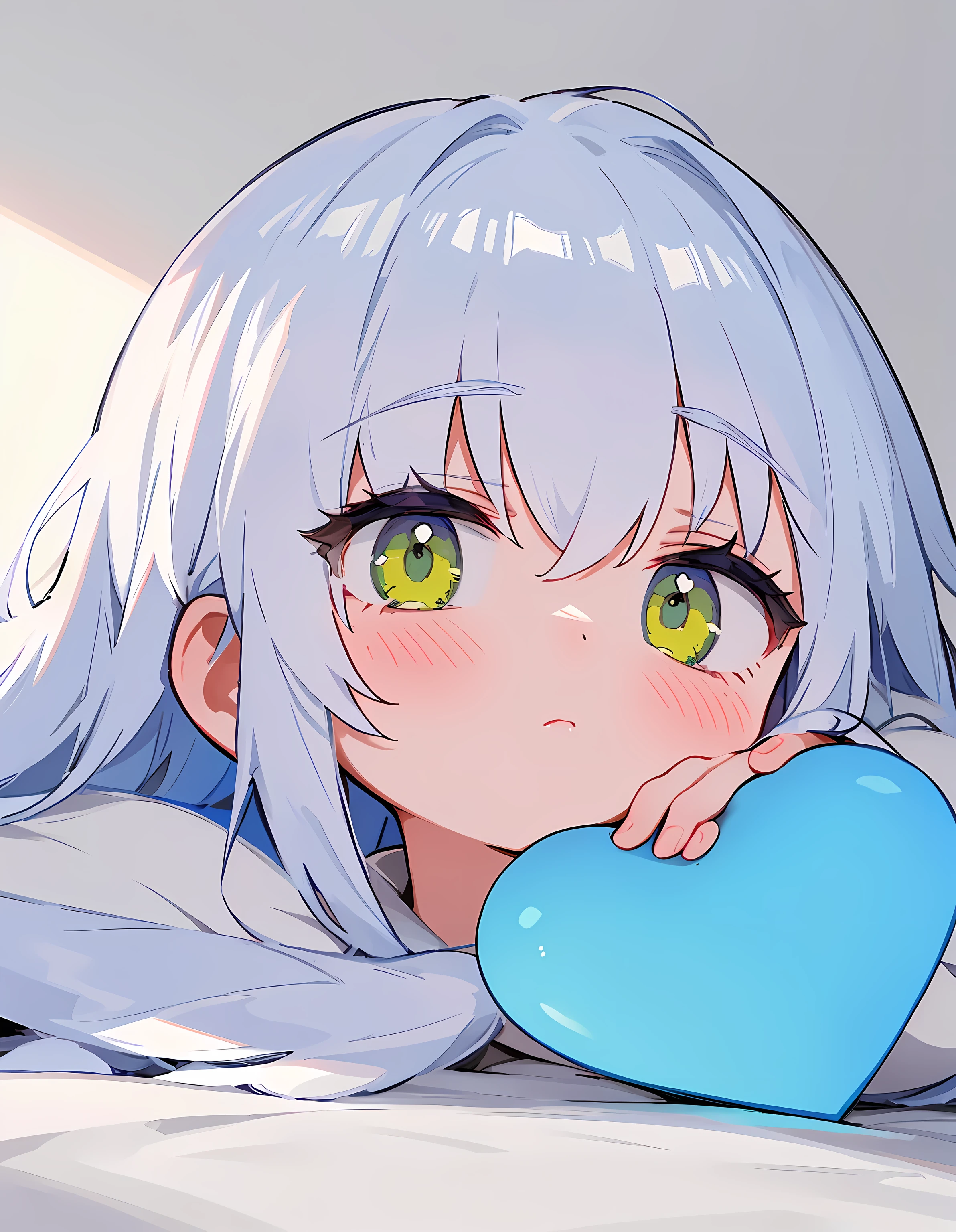 no background, white room, short female girl, light-blue white hair , very small ears, blue-yellow eyes, constricted Eyes like a person going to sleep, no background, The light green left heart-shaped eye and has light,  white back ground