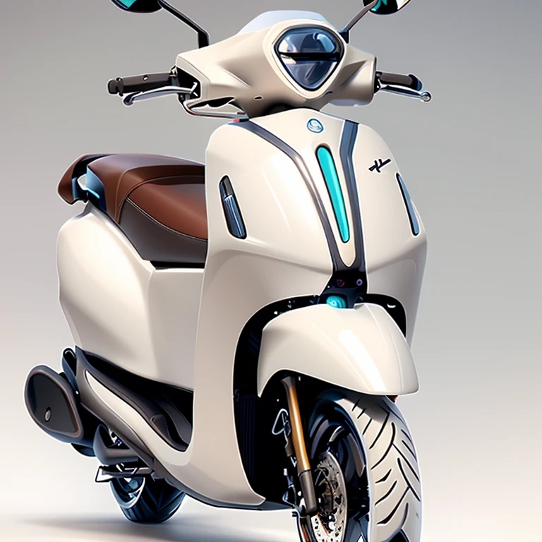 a white motorcycle with a brown seat, crisp smooth lines, sleek streamlined design, with sleek lines and a powerful, glossy white, front profile shot, slick elegant design, front perspective, smooth design, sleek design, sleek white, beige, glossy white armor, angle view, very smooth, elegant sleek smooth body, clean and pristine design