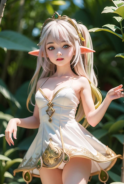 High resolution、High level image quality、8K、real live action、Raw photo、highest quality、masterpiece、16 year old elf girl、ballerina、unparalleled beauty、Wearing a tiara on your head、young face、(((beautiful girl)))、Dancing on stage、Swan Lake、long pointed ears、naked