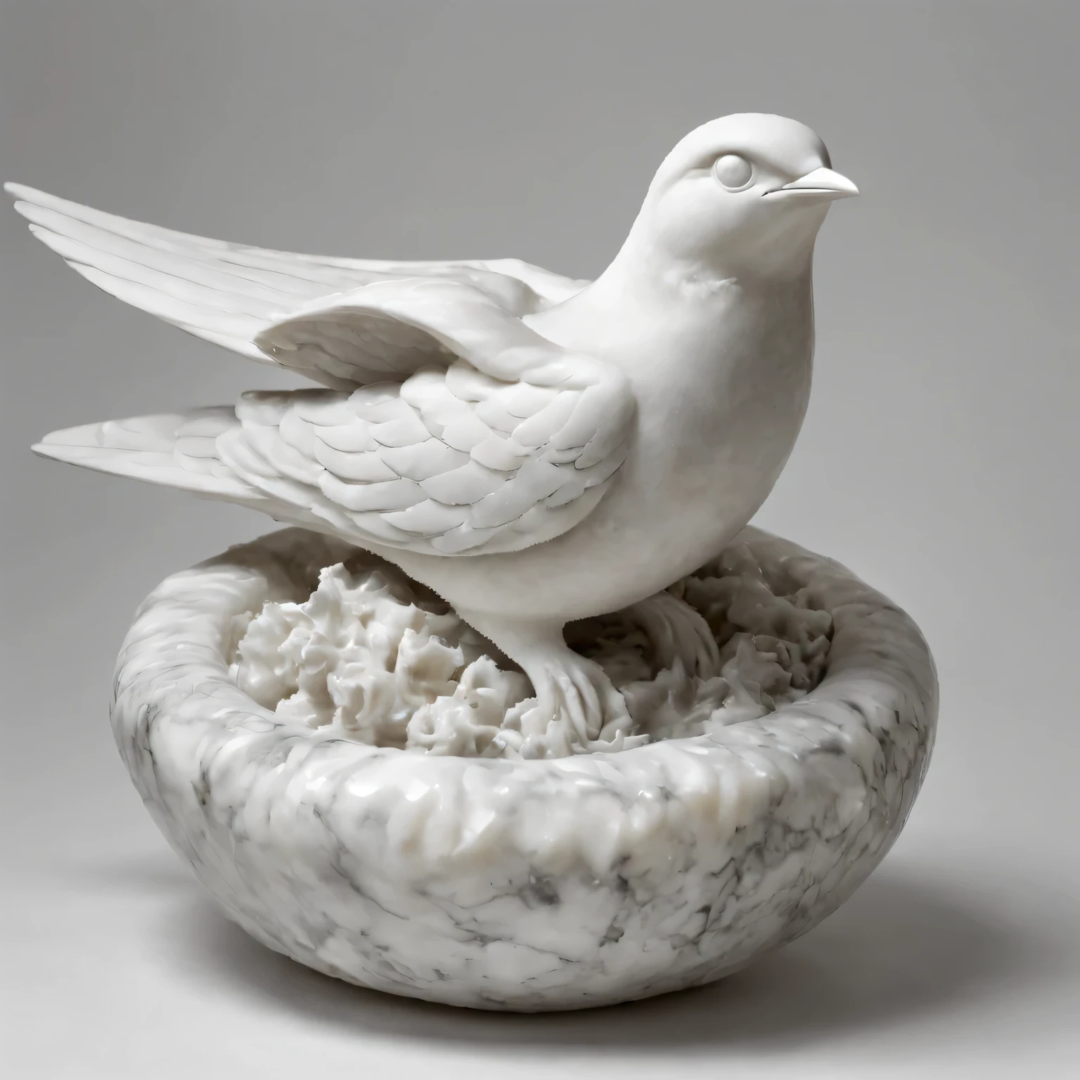 The art of marble carving, an elegant nest carved from a piece of marble, Marbled swallow sitting on a nest, skillful work of a master marble carver, high imitation of the original, the nest and swallow are carved from a single piece of marble, marble sculpture of nest and swallow, exhibited at the International Marble Sculpture Museum, high detail, photorealistic