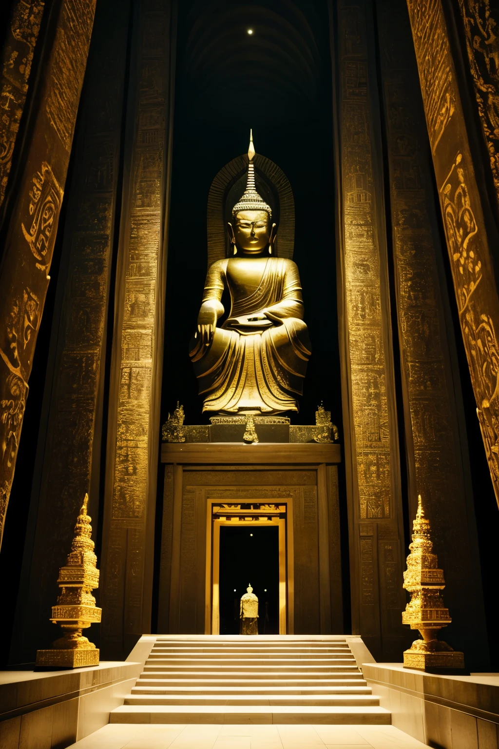 The masterpiece artwork is predominantly dark in style, evoking a sense of mystery and intrigue. In the heart of this enigmatic scene, a magnificent and awesome black Buddha statue stands in the distance, its intricacies and details glinting in the subdued light. Pilgrims on the road slowly advance along the stately, worn stone steps, their steps echoing off the temple walls as they take in the sacred sight.
The details of this painting are extremely delicate, each line and stroke meticulously crafted to bring the audience into this otherworldly realm. The vast difference between the light and dark areas creates an otherworldly atmosphere, and it's hard to stop gazing at