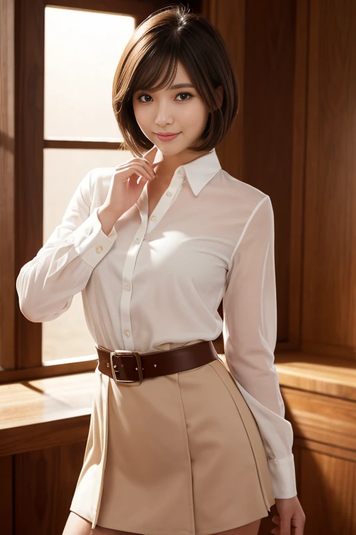 8k, best image quality, ultra high resolution, Drawn in ultra-high definition, alone, 1 girl, realistic, natural soft light, Echiechi, Constricted body, 30 years old, beautiful and detailed eyes, short bob hair, highest quality, masterpiece, Layer Bob Hair, Moist eyes, pixie cut, smile, perfect fingers, perfect hands, perfect body, perfect anatomy, glossy lips, natural makeup, small ass, professional lighting, cowboy shot, simple background, smile, brown eyes, Wow!, Kirinaga eyes, vivid colors, Wow!, Awesome pose, bright room, long sleeve, mini skirt, belted dress, GU, Uniqlo, ZARA, Spring Mono