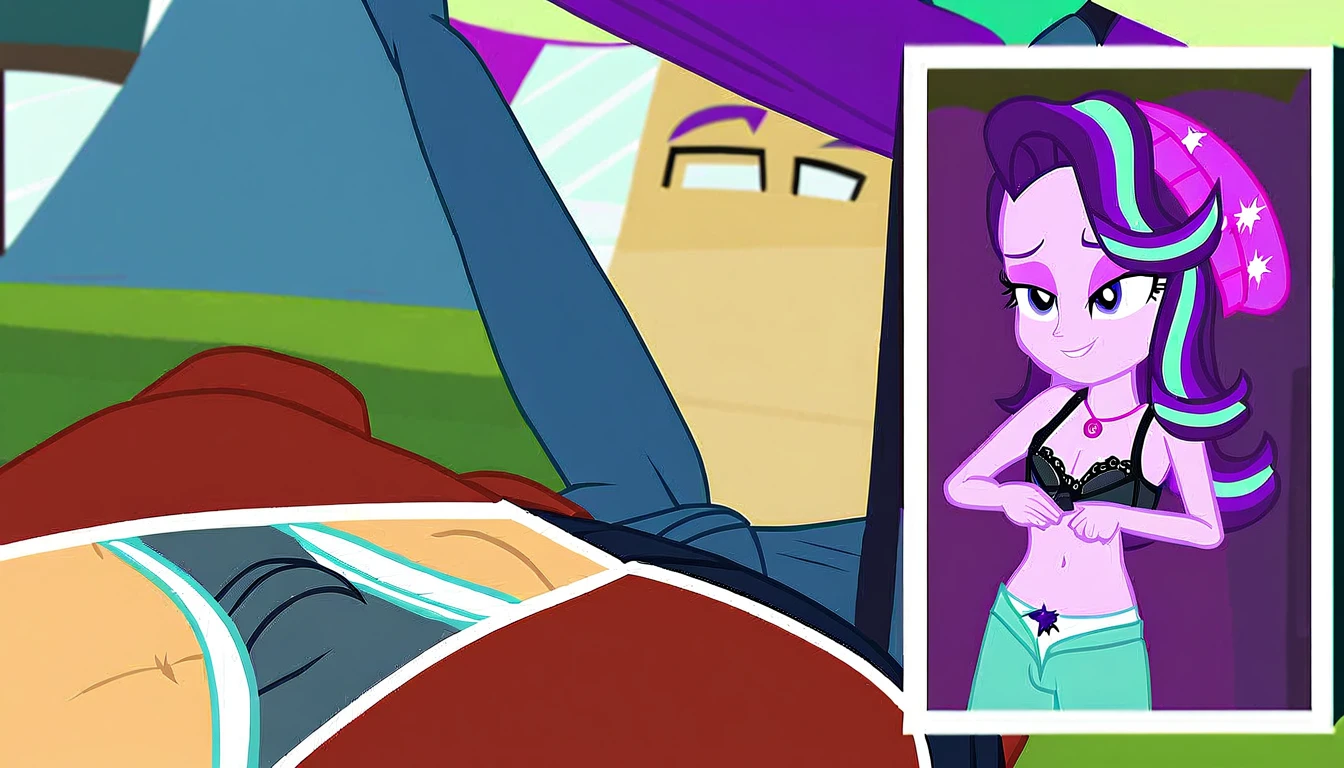 Explicit, score_9, equestria_girls_series, starlight_glimmer, comic, undressing, solo, panties, bra, equestria_girls, cartoon, male_pov, bulge in briefs, tent in briefs, offscreen_male_character, unzipping_pants_on_male, bedroom_eyes, show accurate, vector