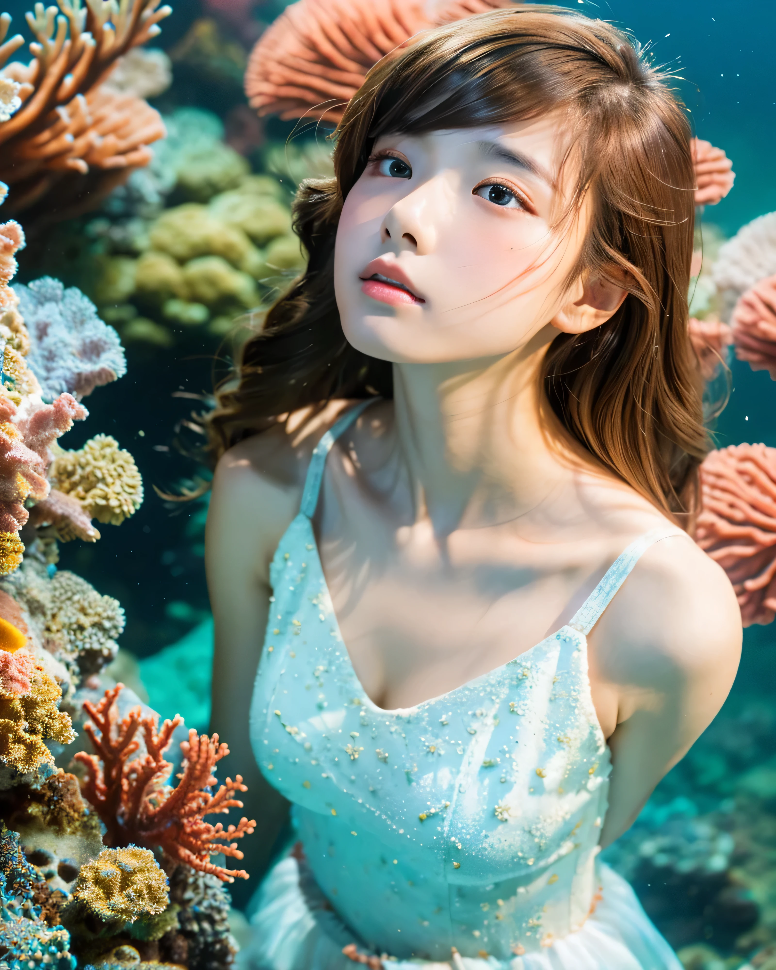 beautiful japanese girl　complex colored brown hair　Detailed complex hair　big magic eyes　smooth soft skin　long hair　Standing in the sea　Beautiful blue sea　Dense and beautiful coral reef　Colorful tropical fish　Detailed and perfect clavicle　delicate and beautiful chest　White sleeveless dress　mini skirt　professional lighting　look up at the water surface