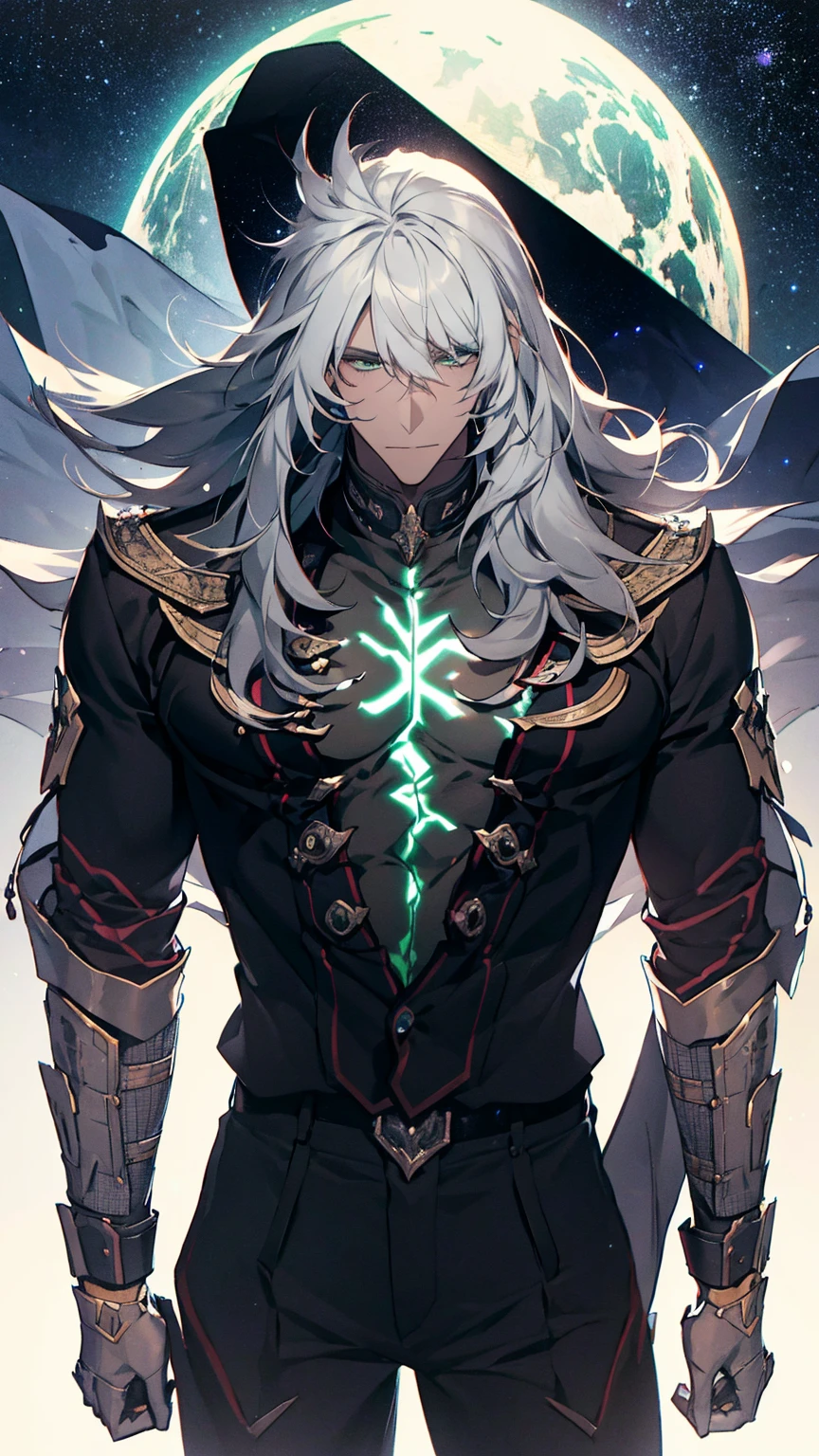 1young man, solo, male photo, anatomically correct,upper body, gray hair, long hair, green eyes, starry sky,night,best quality, high quality, masterpiece, 8K 