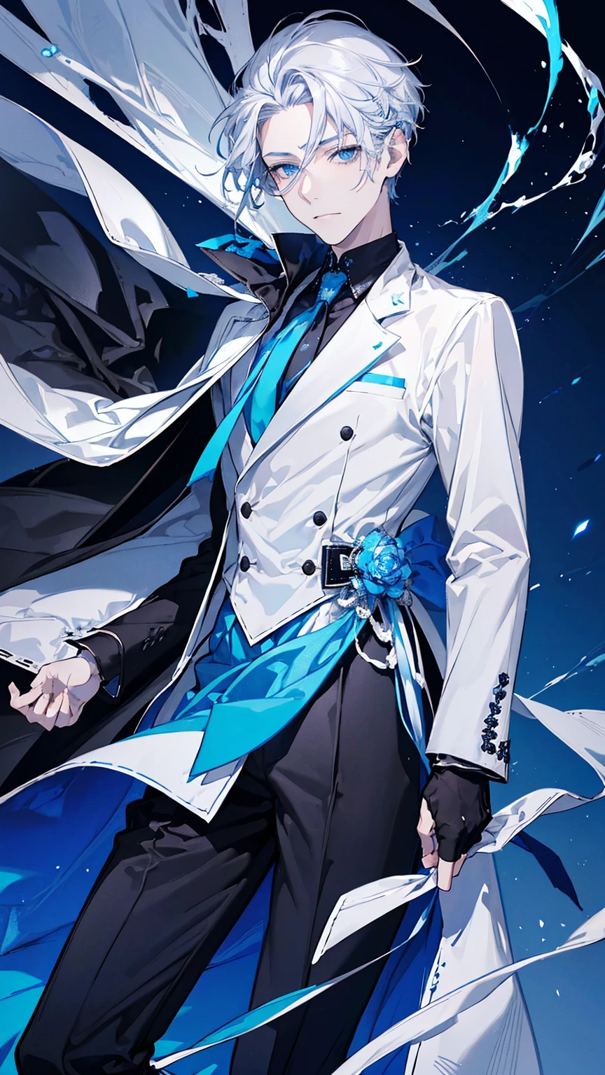 ung man,solo, male photo, silver hair, ((short hair)), (short sideburns),light blue eyes, slant eyes,anatomically correct,blue ribbon tie,black gloves,white cloak,black suit,beautiful japanese style background,best quality, high quality,masterpiece, 8K