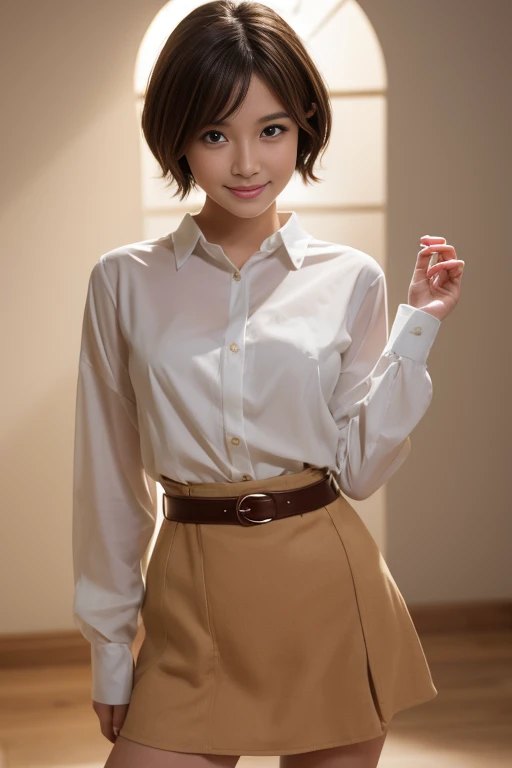8k, best image quality, ultra high resolution, Drawn in ultra-high definition, alone, 1 girl, realistic, natural soft light, Echiechi, Constricted body, 30 years old, beautiful and detailed eyes, short bob hair, highest quality, masterpiece, Layer Bob Hair, Moist eyes, pixie cut, smile, perfect fingers, perfect hands, perfect body, perfect anatomy, glossy lips, natural makeup, small ass, professional lighting, cowboy shot, simple background, smile, brown eyes, Wow!, Kirinaga eyes, vivid colors, Wow!, Awesome pose, bright room, long sleeve, mini skirt, belted dress, GU, Uniqlo, ZARA, Spring Mono