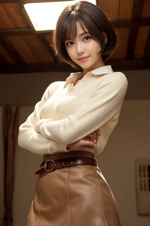 8k, best image quality, ultra high resolution, Drawn in ultra-high definition, alone, 1 girl, realistic, natural soft light, Echiechi, Constricted body, 30 years old, beautiful and detailed eyes, short bob hair, highest quality, masterpiece, Layer Bob Hair, Moist eyes, pixie cut, smile, perfect fingers, perfect hands, perfect body, perfect anatomy, glossy lips, natural makeup, small ass, professional lighting, cowboy shot, simple background, smile, brown eyes, Wow!, Kirinaga eyes, vivid colors, Wow!, Awesome pose, bright room, long sleeve, mini skirt, belted dress, GU, Uniqlo, ZARA, Spring Mono