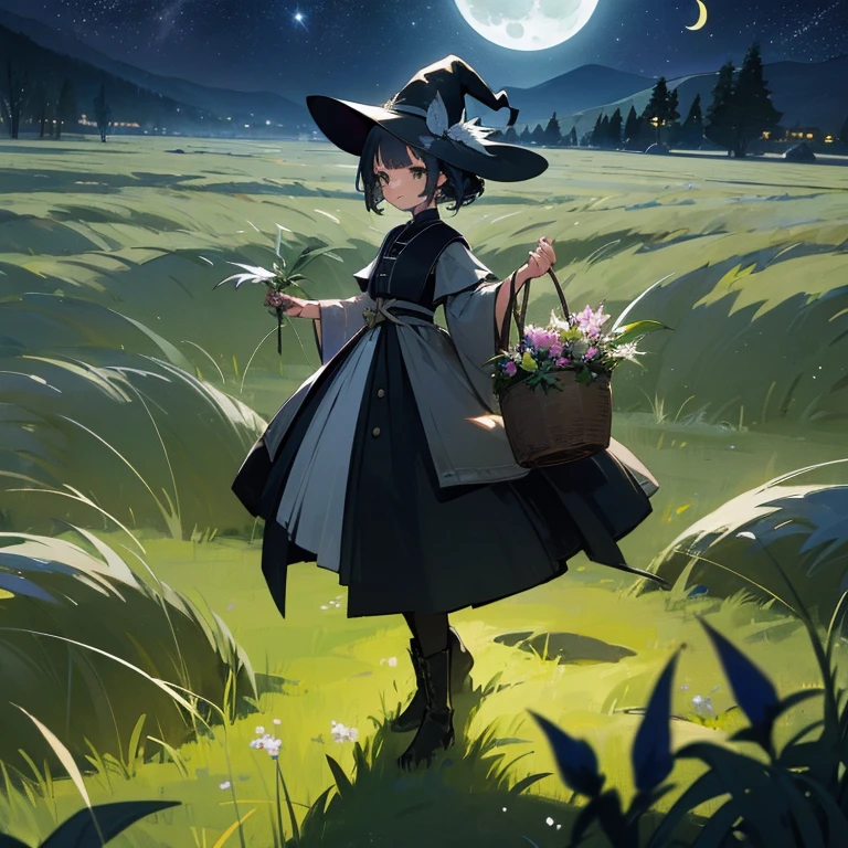 (color々A witch around 25 years old is standing there holding a large basket of medicinal herbs.) and (There is one cat with black fur.) 、Beige dress、黒colorのマント、黒colorの三角帽子、 dark brown long boots、 green eyes、 A sloppy smile 、Bluestone Pendant、(Moonlight night:1.4)、 starry ski、 (grassland) 、colorとりどりの花々