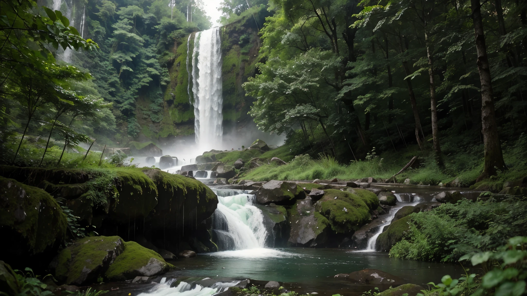 It is raining in the forest Waterfalls flowing down from high mountains, filled with mist and a refreshing green color.