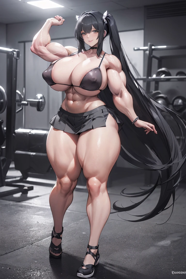 (Best quality,8K,ultra high res:1.5),(Pretty long tied pigtail hair anime girl),(Huge breasts:1.20),(very voluptuous body),(very voluptuous thigh),(body builder girl:1.5),(wide muscle:1.8),(light smile),(eyes to camera),(light black hair),(grey bra),(grey short skirt),(standing view),(nipples)