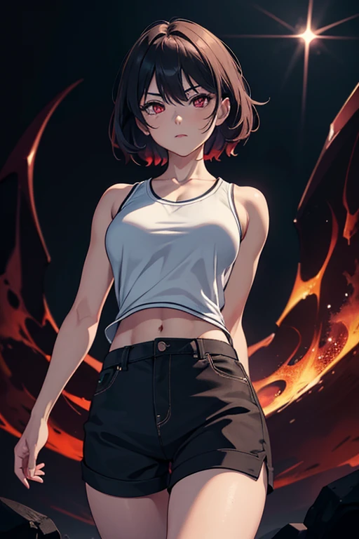 masterpiece, best quality, high resolution, detailed, 1 occult beautiful girl, short pants, intence eyes, middle hair, お団子, muscle, fighter, anime, simple background, (dark atmosphere:1.3), red eye, finish punch