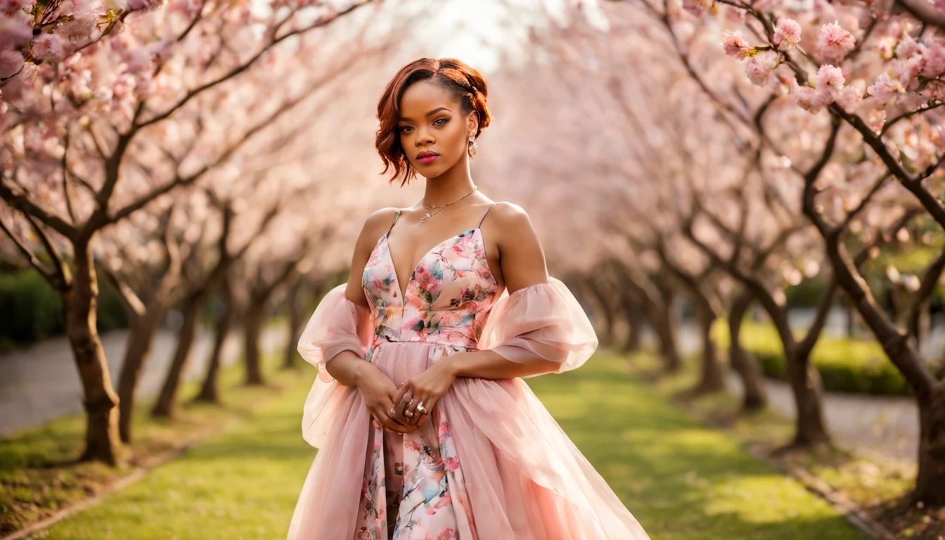(fotografia de alta qualidade), beautiful young lady (Rihanna), (22 anos), long Cian dress in pastel tones, o corpo cercado de flores de cerejeiras, standing and posing fantasy in cherry blossom garden, desfoque de profundidade, bokeh, 300 DPI, atmosfera encantadora, foto, 8k, dynamic action, 