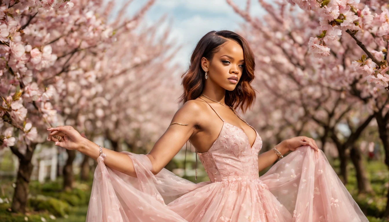 (fotografia de alta qualidade), beautiful young lady (Rihanna), (22 anos), long Cian dress in pastel tones, o corpo cercado de flores de cerejeiras, standing and posing fantasy in cherry blossom garden, desfoque de profundidade, bokeh, 300 DPI, atmosfera encantadora, foto, 8k, dynamic action, 