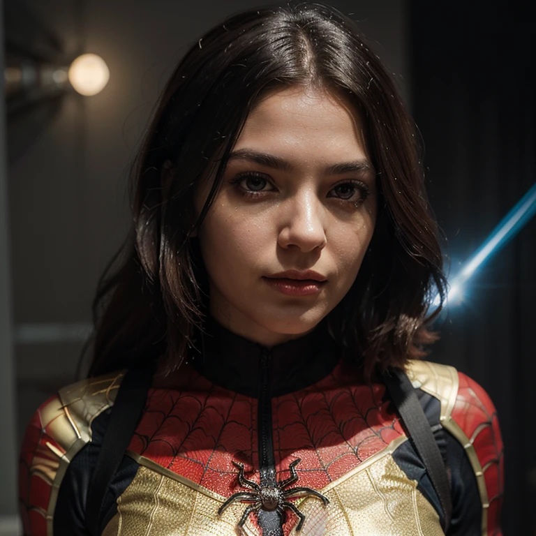 Spider-women with white and gold suit intrigued, amidst a minimalistic, glowing quantum particle pattern, highlighting fascination with advanced technology