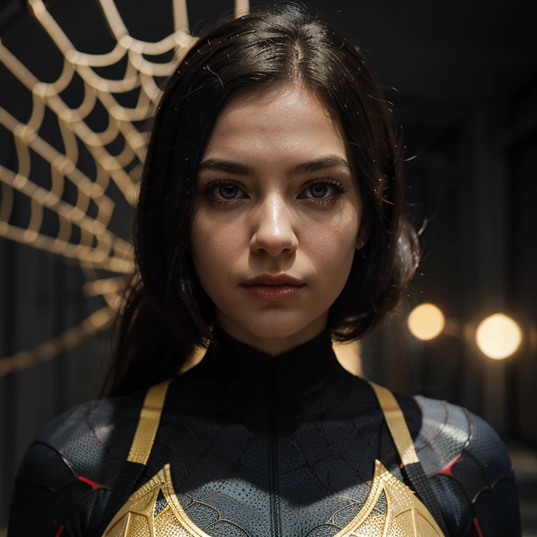 A composition with a spider-women wearing a white and gold suit in a minimalistic setting. The spider-women should be the main focus, with beautiful detailed eyes, detailed lips, and an extremely detailed face, including long eyelashes. The suit should have a sleek design and be predominantly white with gold accents. The background should be a dark space with a glowing quantum particle pattern, giving a sense of advanced technology. The image should be of the best quality, preferably in 4k or 8k resolution, with ultra-detailed rendering. The overall style should be minimalistic, with clean lines and a focus on the spider-women and her suit. The color palette should consist of white and gold, with the glowing quantum particle pattern adding pops of vibrant colors. The lighting should be dynamic, emphasizing the details on the spider-women and creating a sense of depth in the space.