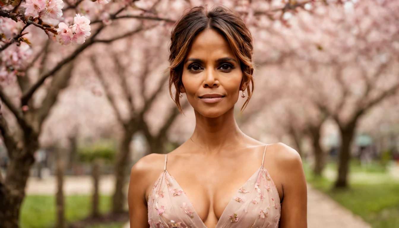 (fotografia de alta qualidade), beautiful young lady (Halle Berry), (27 anos), long marrom dress in pastel tones, o corpo cercado de flores de cerejeiras, standing and posing fantasy in cherry blossom garden, desfoque de profundidade, bokeh, 300 DPI, atmosfera encantadora, foto, 8k, dynamic action, 