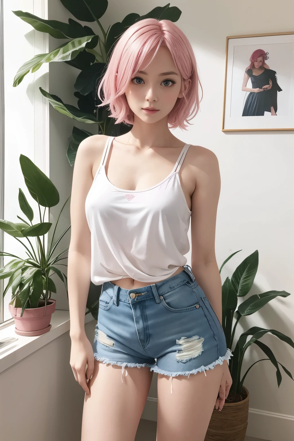 cute,pink hair, idol sculpture, With rainbow colored hair, ribbon in her hair, 18 year old female, Happy, short hair, Perfect symmetrical eyes, clear shining blue eyes, white skin, Silky smooth skin, bedroom,Hotel,Decorative plants, warm lighting, white tank top, denim shorts,big breasts,Black bra,whole body,full body,long legs,slim beautiful legs,