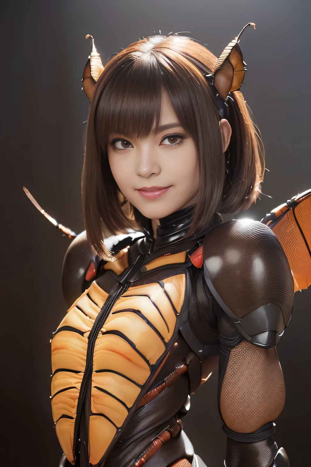(High resolution,masterpiece,highest quality,Very detailed CG, anime, official art:1.4), realistic, photograph, amazing detail, all complicated, luster and luster,great many layers, 8k wallpaper, 3D, sketch, cute, figure,( alone:1.4), perfect female proportions,villain's daughter, (Fusion of dark brown cockroach and lady:1.4), (brown cockroach form lady:1.2), (brown cockroach woman:1.2), (Fusion:1.2), (alone:1.4), (evil smile:1.2), muscular, abs, (Cockroach brown exoskeleton bio insect suit:1.4), (Cockroach brown exoskeleton bio insect armor:1.2), (brown transparent cockroach feathers:1.4), (brown cockroach antenna:1.3),
