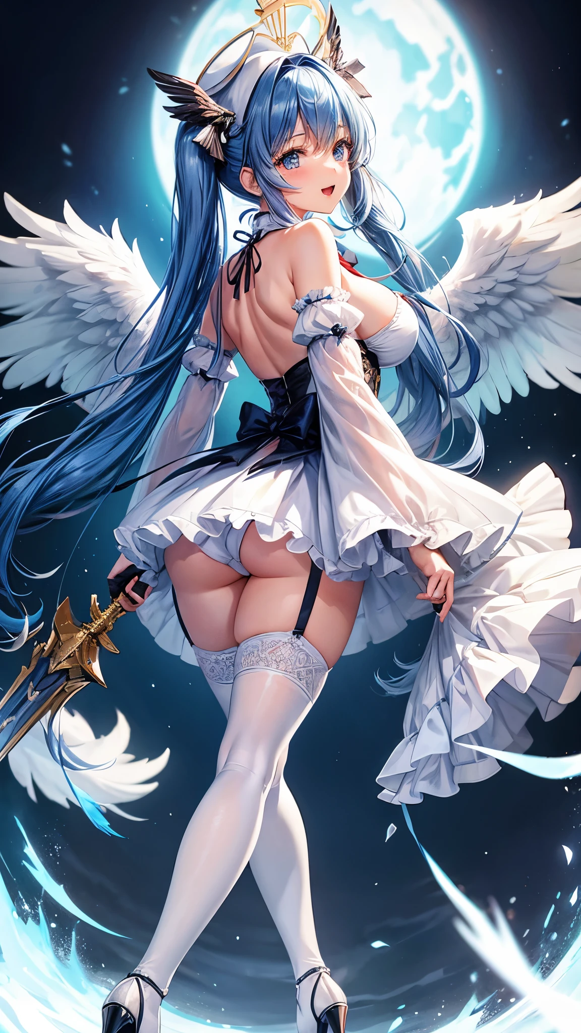 1girl, solo, long hair, breasts, looking at viewer, blush, smile, open mouth, bangs, large breasts, hair ornament, thighhighs, hat, dress, ribbon, holding, bare shoulders, twintails, see-though underwear, blue hair, blue eyes, hair ribbon, weapon, flower, thighs, detached sleeves, wings, looking back, from behind, holding weapon, high heels, white thighhighs, low twintails, white headwear, garter straps, halo, feathered wings, angel wings, angel, ((large breasts)), cleavage cutout,((おしり)),　