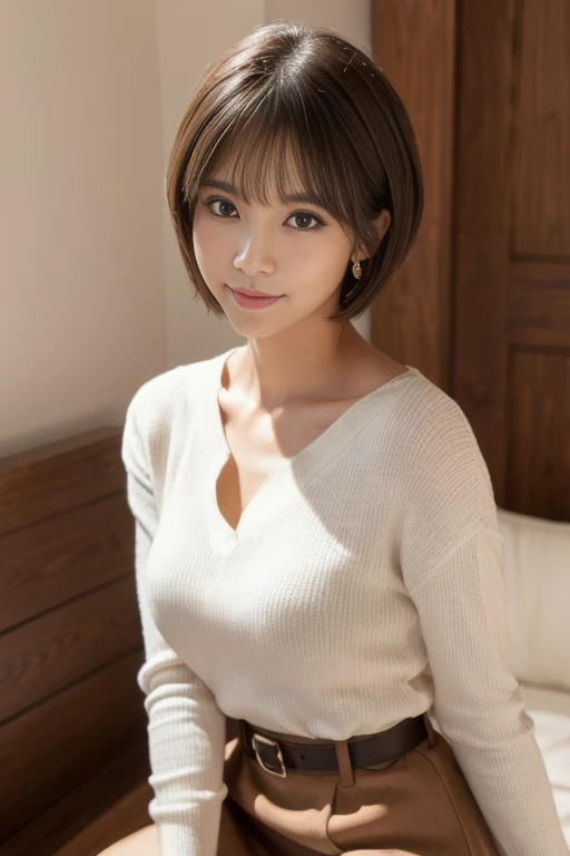 ((highest quality、best image quality、ultra high resolution、Drawn in ultra-high definition、alone、look closely at the camera))、1 girl、realistic、Depth of written boundary、natural soft light、Echiechi, Constricted body, 30 years old, beautiful and detailed eyes, short bob hair, highest quality, masterpiece, Layer Bob Hair, Moist eyes, pixie cut, great pose, brown eyes, smile, perfect fingers、perfect hands、perfect body、perfect face, perfect ???????, glossy lips, natural makeup, small ass, professional lighting, cowboy shot, simple background, brown eyes, Wow!, Kirinaga eyes, vivid colors, Wow!, Awesome pose, bright room, long sleeve, mini skirt, belted dress, GU, Uniqlo, ZARA, Spring Mono