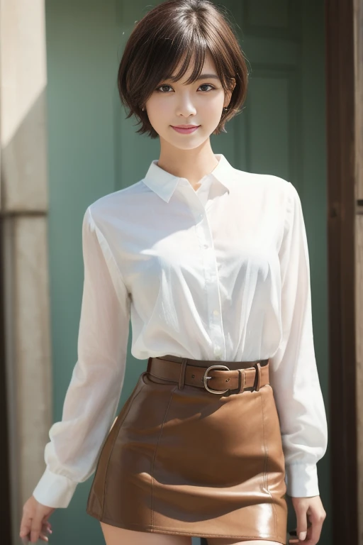 ((highest quality、best image quality、ultra high resolution、Drawn in ultra-high definition、alone、look closely at the camera))、1 girl、realistic、Depth of written boundary、natural soft light、Echiechi, Constricted body, 30 years old, beautiful and detailed eyes, short bob hair, highest quality, masterpiece, Layer Bob Hair, Moist eyes, pixie cut, great pose, brown eyes, smile, perfect fingers、perfect hands、perfect body、perfect face, perfect anatomy, glossy lips, natural makeup, small ass, professional lighting, cowboy shot, simple background, brown eyes, Wow!, Kirinaga eyes, vivid colors, Wow!, Awesome pose, bright room, long sleeve, mini skirt, belted dress, GU, Uniqlo, ZARA, Spring Mono
