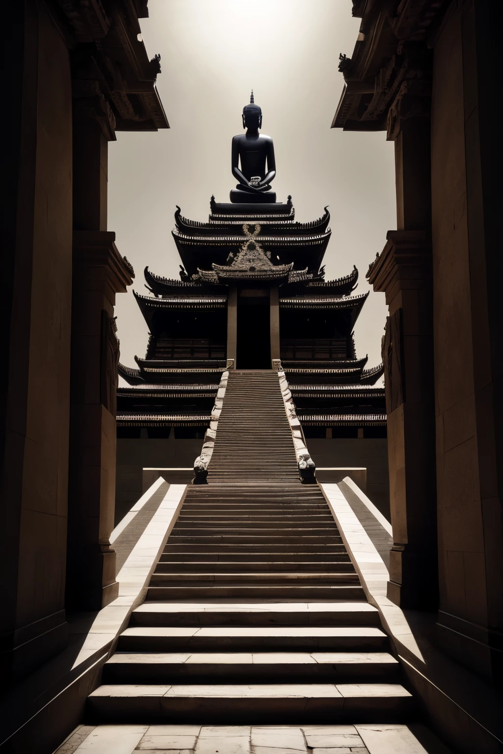 The masterpiece artwork is predominantly dark in style, evoking a sense of mystery and intrigue. In the heart of this enigmatic scene, a magnificent and awesome black Buddha statue stands in the distance, its intricacies and details glinting in the subdued light. Pilgrims on the road slowly advance along the stately, worn stone steps, their steps echoing off the temple walls as they take in the sacred sight.
The details of this painting are extremely delicate, each line and stroke meticulously crafted to bring the audience into this otherworldly realm. The vast difference between the light and dark areas creates an otherworldly atmosphere, and it's hard to stop gazing at