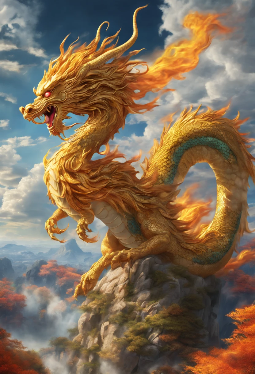 (Main subjects: wide wide shot), the flame is golden,[colorful,(anthropomorphic Chinese dragon)], Safety,Dramatic clouds,(deep in the field), Rich details, (wide sky), (A sense of immensity),Energy and vitality, intricate details.(best quality, High resolution, master piece:1.2), (actual:1.37), high dynamic range。