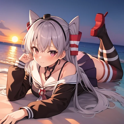 (masterpiece, best quality:1.2),illustration,8k,Ultra-clear,beautiful purple sunset at beach,1 girl,alone,cowboy shooting,long_hair,two_side_up,brown_No long-sleeved sailor suit_skirt,skirt,Smile,grey_hair,brown的_Eye,striped,garter_Shoulder strap,short_skirt,absolute_Good memories,collar,striped_stockings,Very_long_hair,Red_Raise your legs high,black_Gloves，Red_shoe，Lying on your stomach_on water，Pout_ass