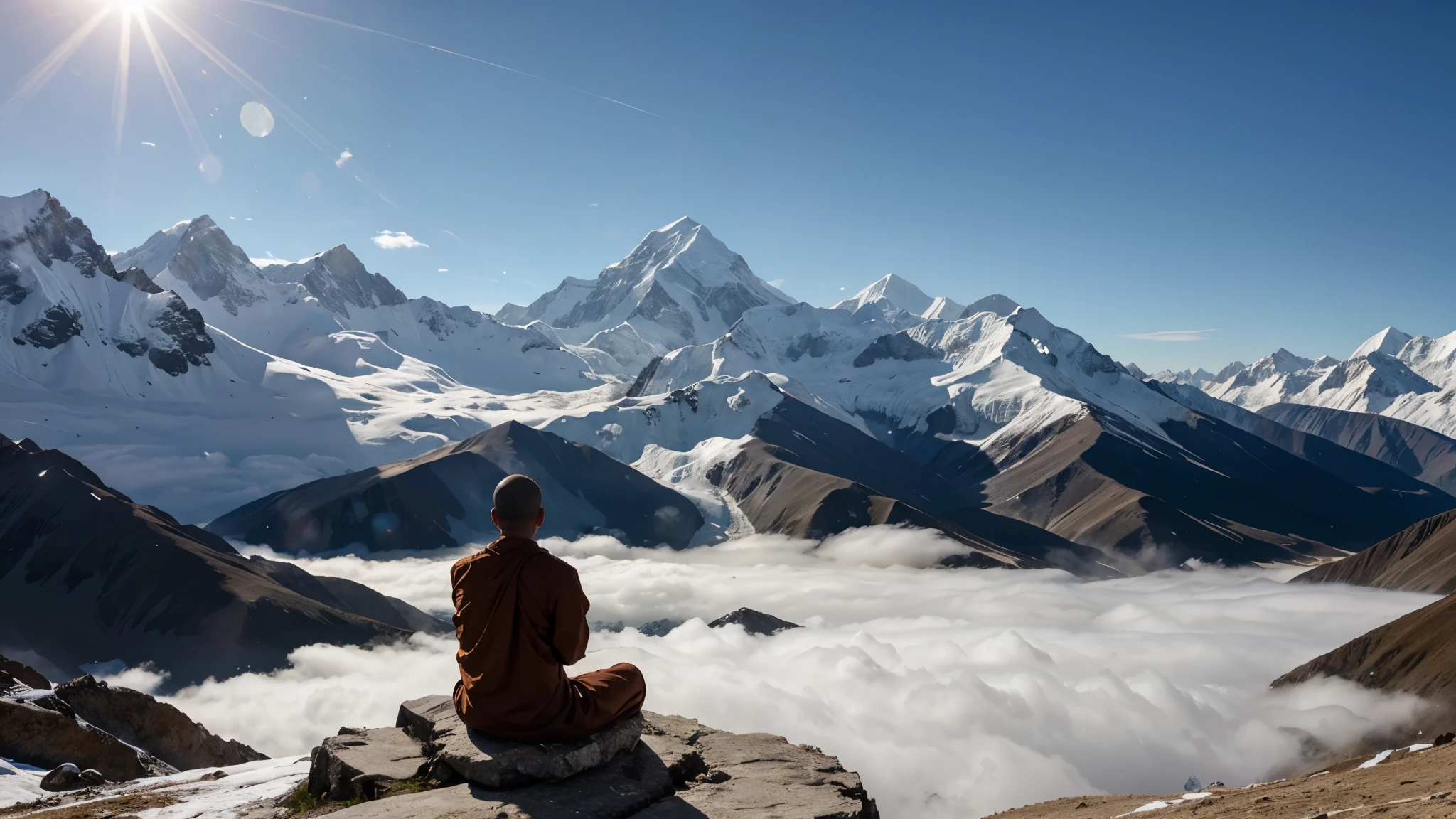 A monk meditates on the top of a Himalayan mountain. morning sunlight There are clouds floating in the sky.