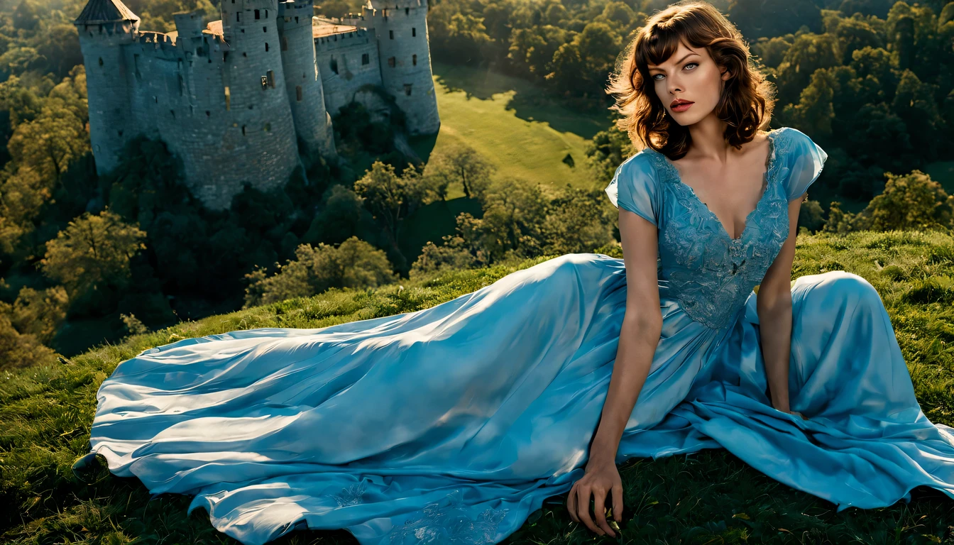 beautiful young lady (milha Jovovich), (22 anos), light cerulean blue long dress, de corpo inteiro,  em um mundo de fantazia castelo nas nuvesn por do sol com unicornil

