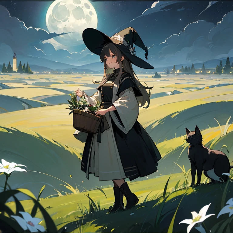 (color々A witch around 25 years old is standing there holding a large basket of medicinal herbs.) and (There is one cat with black fur.) 、Beige dress、黒colorのマント、黒colorの三角帽子、 dark brown long boots、 green eyes、 A sloppy smile 、Bluestone Pendant、(Moonlight night:1.4)、 starry ski、 (grassland) 、colorとりどりの花々