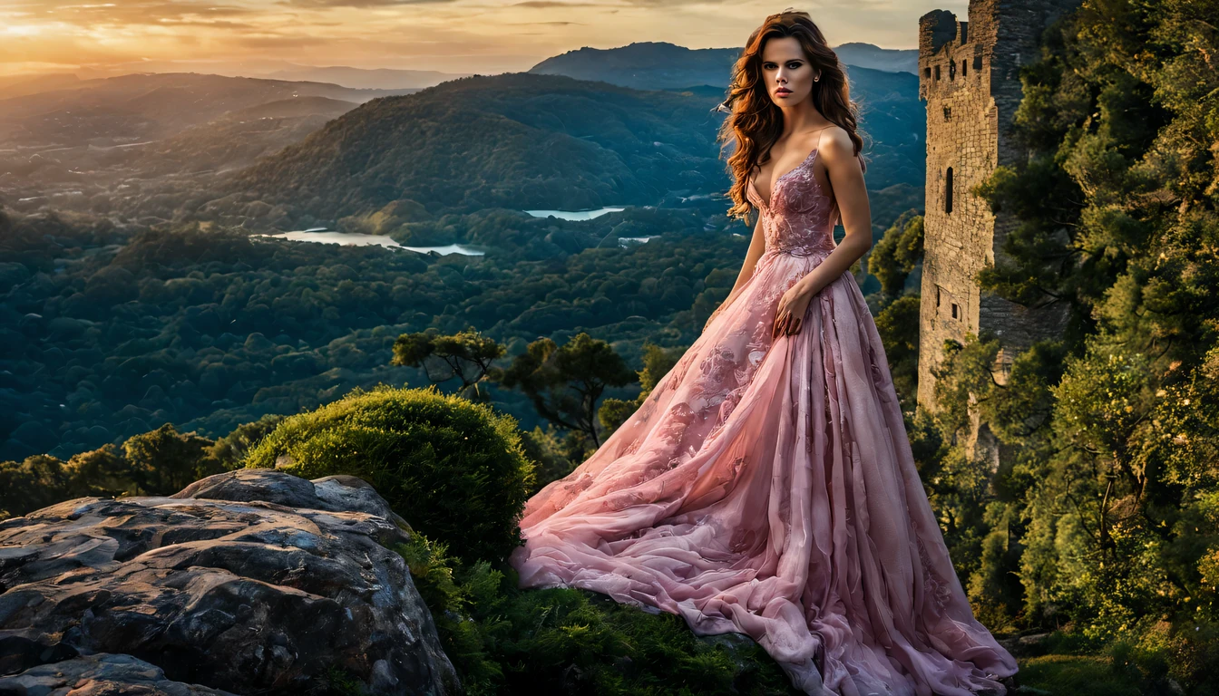 beautiful young lady (Kete Beckinsale), (22 anos), vestido longo Lago Pink Madder, de corpo inteiro, em um mundo de fantazia castelo nas nuves, em um por do sol com unicornil