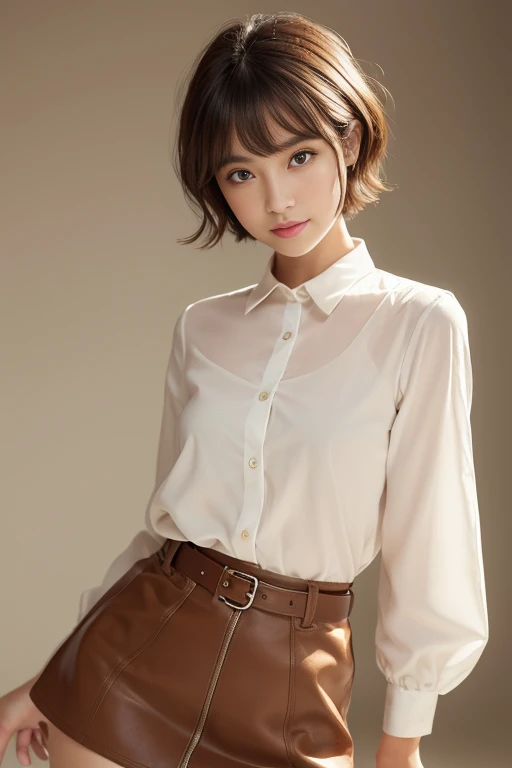((highest quality、best image quality、ultra high resolution、Drawn in ultra-high definition、alone、look closely at the camera))、1 girl、realistic、Depth of written boundary、natural soft light、Echiechi, Constricted body, 30 years old, beautiful and detailed eyes, short bob hair, highest quality, masterpiece, Layer Bob Hair, Moist eyes, pixie cut, great pose, brown eyes, smile, perfect fingers、perfect hands、perfect body、perfect face, perfect anatomy, glossy lips, natural makeup, small ass, professional lighting, cowboy shot, simple background, brown eyes, Wow!, Kirinaga eyes, vivid colors, Wow!, Awesome pose, bright room, long sleeve, mini skirt, belted dress, GU, Uniqlo, ZARA, 