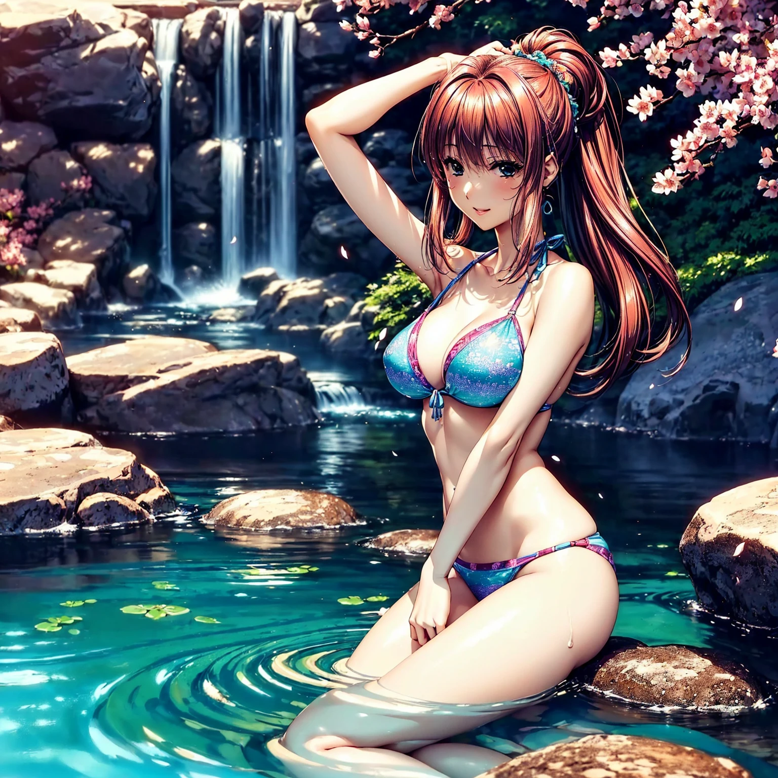 (highest quality、masterpiece、very high resolution、ultra high resolution.High resolution detail 1.5)、(A woman with perfect and ultimate beauty:24-years-old:beautiful body、beautiful face、beautiful hair)、(Beautiful breasts with a slender body shape:F cup,best hair texture,best skin texture 1.5)、((elegant bikini:patterned and colorful,sexy bikini swimsuit)),(Fantastic waterside,There is a waterfall,Night cherry blossoms and lanterns,mysterious night sky、beautiful scenery),(water play,beautiful pose,model shoot),bright smile、Hair flutters under the influence of the wind,realistic portrait、realistic textured skin、(highly detailed images、accurate image、Perfect Image 1.5)、beautiful anime woman, beautiful art style, anime character、Overall image、accurate anatomy、Image without defects、natural soft light、beautiful images、(best shot,RAW photo)