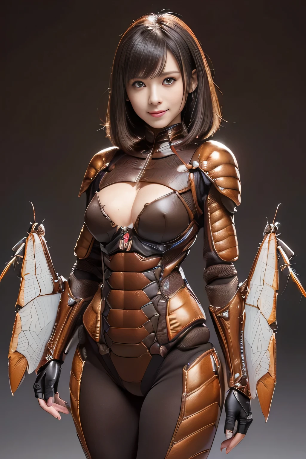 (High resolution,masterpiece,highest quality,Very detailed CG, anime, official art:1.4), realistic, photograph, amazing detail, all complicated, luster and luster,great many layers, 8k wallpaper, 3D, sketch, cute, figure,( alone:1.4), perfect female proportions,villain&#39;s daughter, (Fusion of dark brown cockroach and lady:1.4), (brown cockroach form lady:1.2), (brown cockroach woman:1.2), (Fusion:1.2), (alone:1.4), (evil smile:1.2), muscular, abs, (Cockroach brown exoskeleton bio insect suit:1.4), (Cockroach brown exoskeleton bio insect armor:1.2), (brown transparent cockroach feathers:1.4), (brown cockroach antenna:1.3),