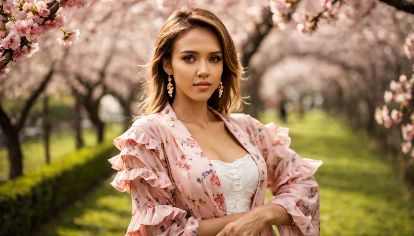 (fotografia de alta qualidade), beautiful young lady (Jessica Alba), (27 anos), long Bexe escuro, o corpo cercado de flores de cerejeiras, standing and posing fantasy in cherry blossom garden, desfoque de profundidade, bokeh, 300 DPI, atmosfera encantadora, foto, 8k, dynamic action, 