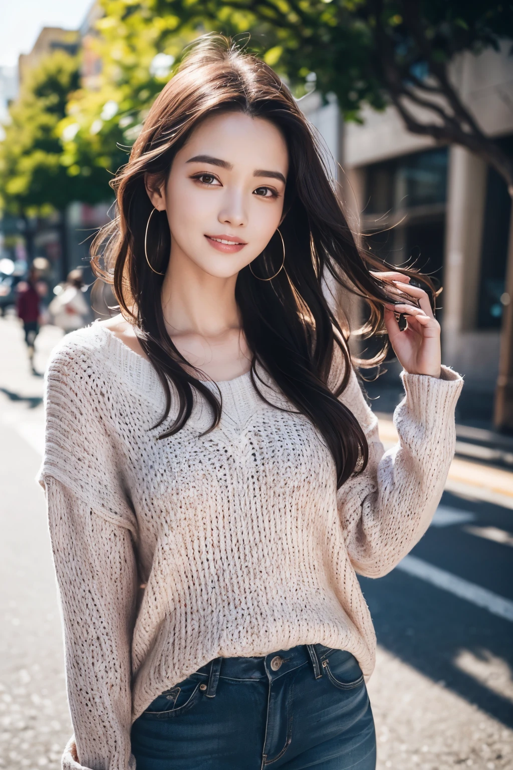 (8K,Raw photo、Raw photo、top-quality、Master masterpiece:1.2)、ultra-detailliert、Super Resolution、(Photorealsitic:1.3)、Angle to shoot from the front、Clearly draw shades of light、high resolution RAW color photos、professional photograpy、Same skin type as humans、Female proofreading of Korea from head to waist、Blur the background、Draws faithfully to anatomy、cafes、Very detailed and beautiful、Ultra-high image quality、long、Hair swaying and sexy、Very detailed beautiful girl、(Pink Eye Shadow)、smile、Plain clothe、The upper part of the body、Park on a sunny day、Loosely curly hair、Sweaters、turned around、(Yoona)