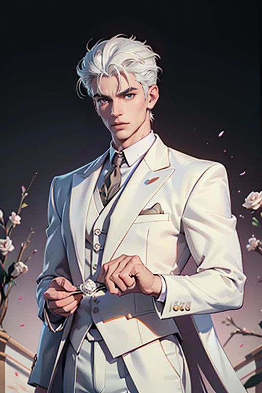 there is a man with white hair and a white suit holding a rose, by Yang J, ig model | artgerm, extremely detailed white haired deity, beautiful androgynous prince, neoartcore and charlie bowater, epic exquisite male character art, approaching perfection, shot with Sony A7 IV for HD image quality, studio lighting, light floral bloom