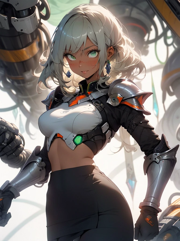 be realistic,(masterpiece,highest quality,highest quality,very detailed,fractal art,most detailed,(abstract background:1.5)(1 girl),Kamimei,(hair length),(green eyes shine、Breasts get bigger,stunned),crystallization,sexy、machine armor、tanned skin、Blake、(black pencil skirt)