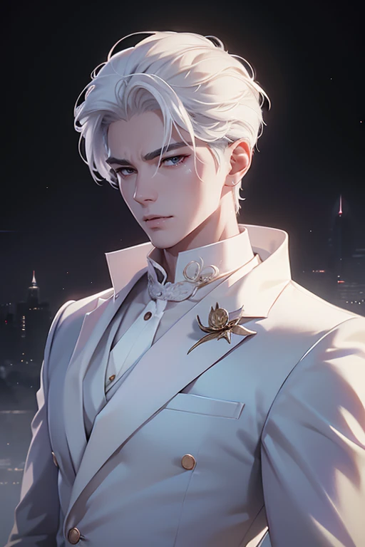 there is a man with white hair and a white suit holding a rose, by Yang J, ig model | artgerm, extremely detailed white haired deity, beautiful androgynous prince, neoartcore and charlie bowater, epic exquisite male character art, approaching perfection, shot with Sony A7 IV for HD image quality, 办公室